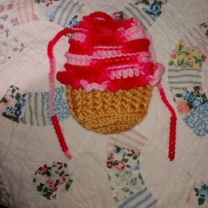 Handmade Crochet Cupcake Pouch in Red and Gold